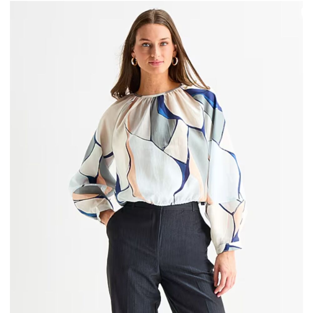 Worthington Womens Round Neck Raglan Sleeve Terrazzo Blouse
